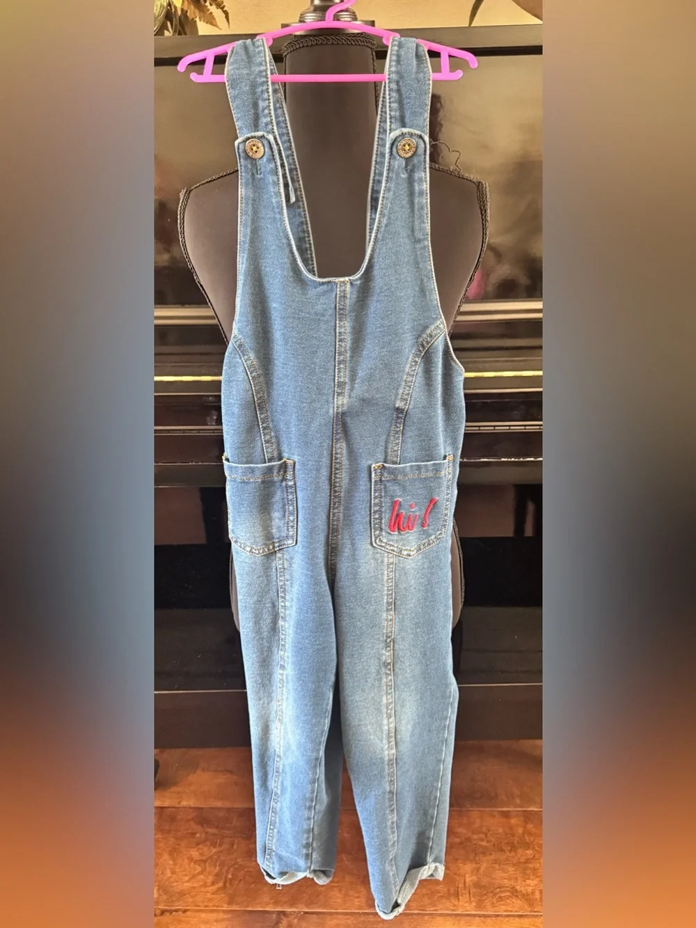 Kids Casual Denim Overalls with Embroidered 'hi!' Pocket